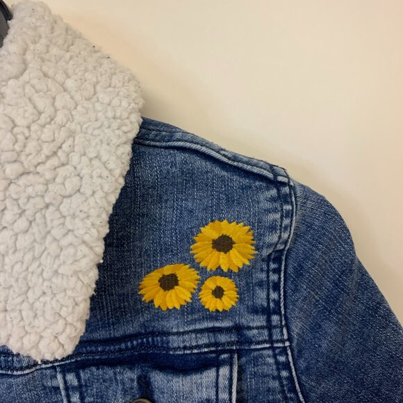 Gymboree Girls Jacket SZ 12 Denim Fleece Embroidered Bomber Flower Power Boho - Picture 2 of 9